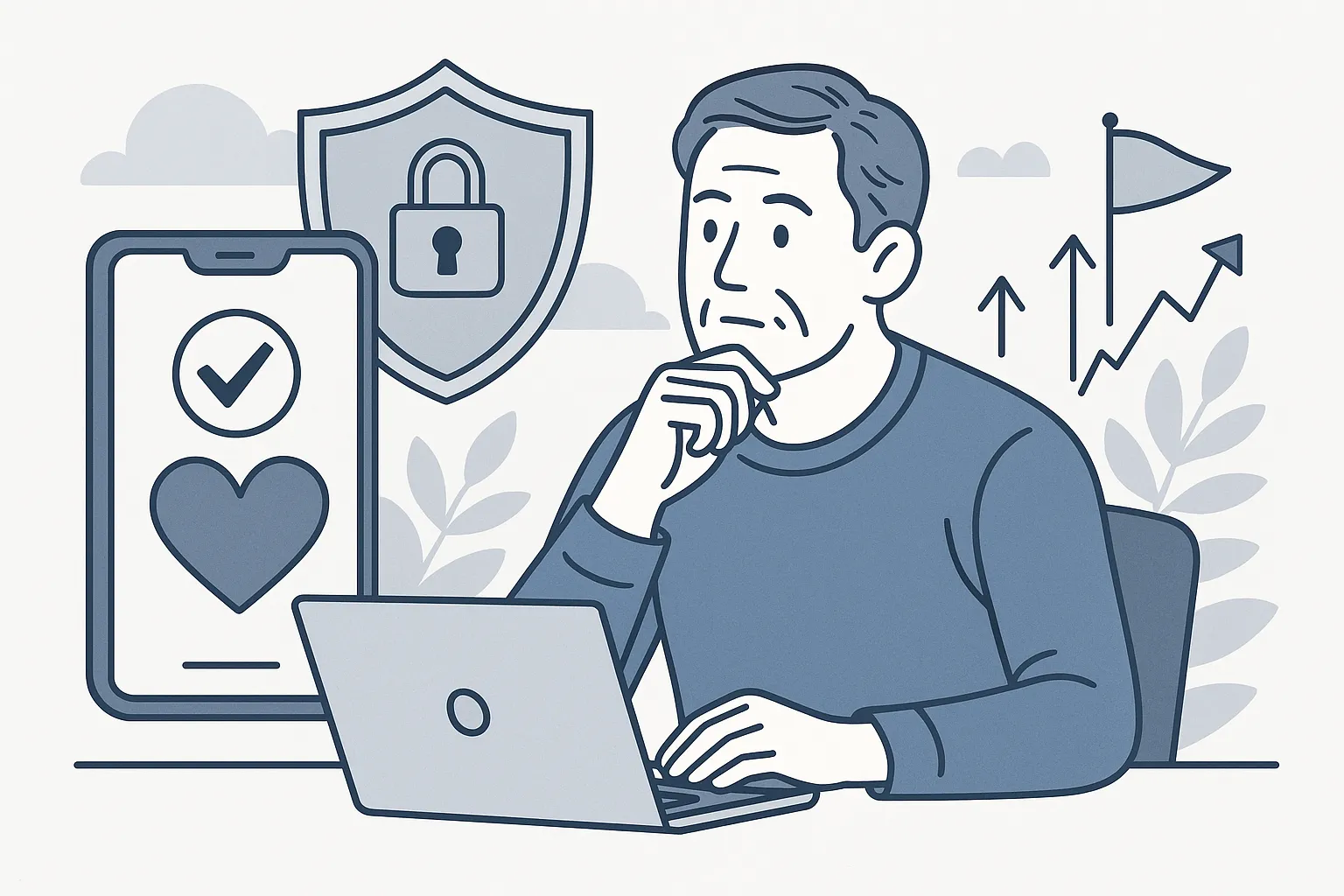 40代・50代の男性が安全な出会いを意識しながらスマホとパソコンを使って婚活アプリを確認している様子のイラスト